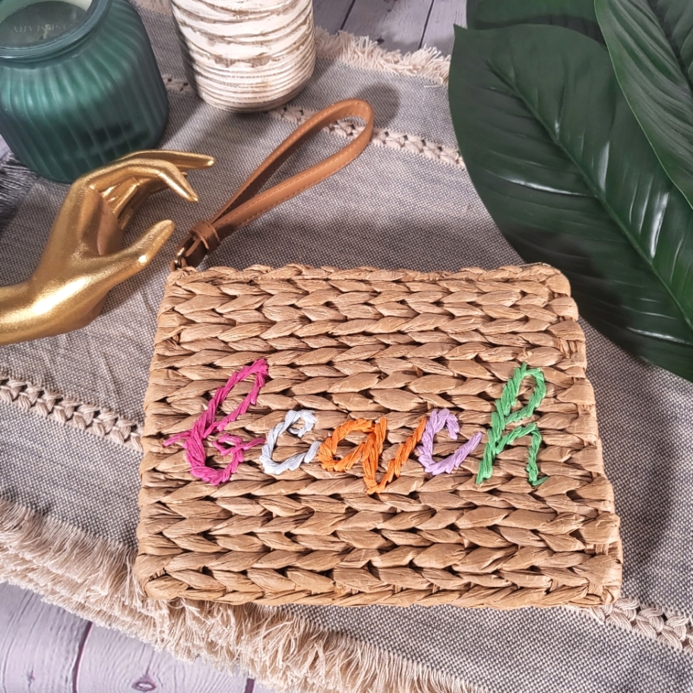 BEACH embroidered woven handbag